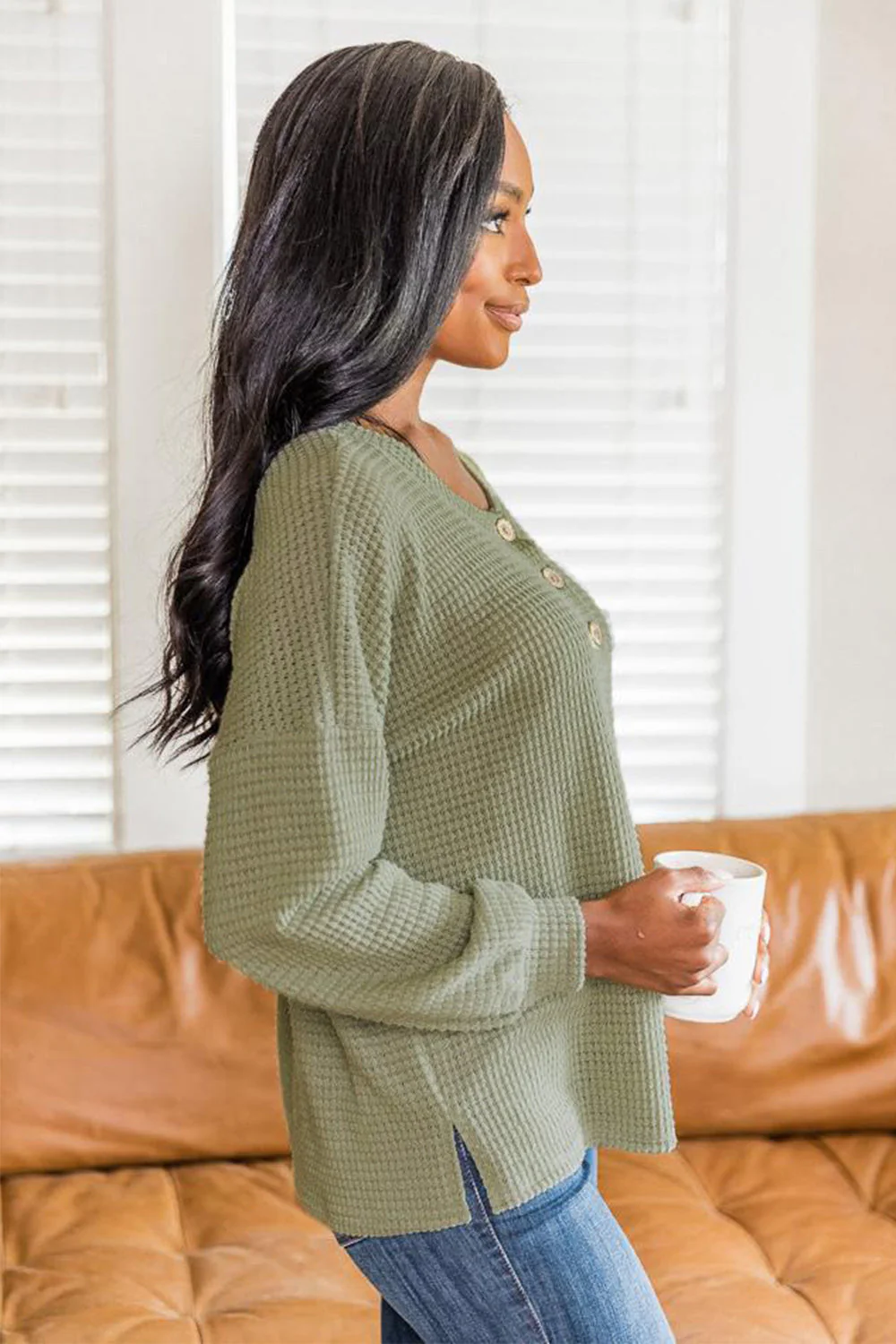 Slit Waffle Knit Long Sleeve T-Shirt - Image 8