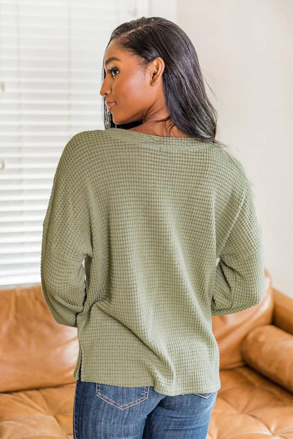 Slit Waffle Knit Long Sleeve T-Shirt - Image 9