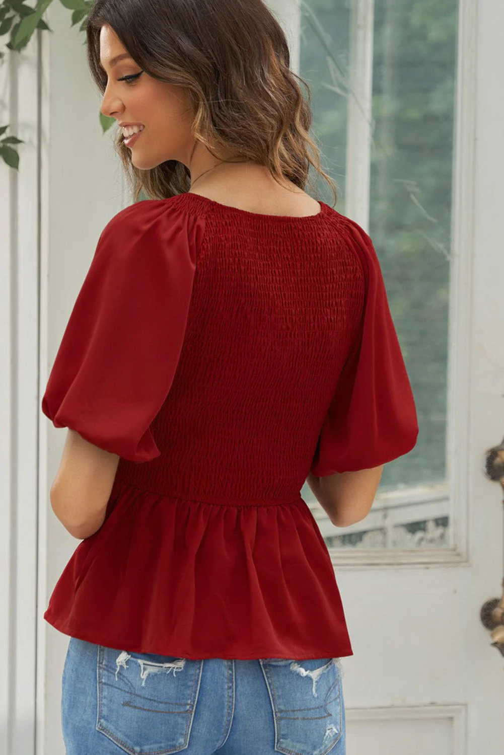 Smocked Balloon Sleeve Peplum Blouse - Image 2