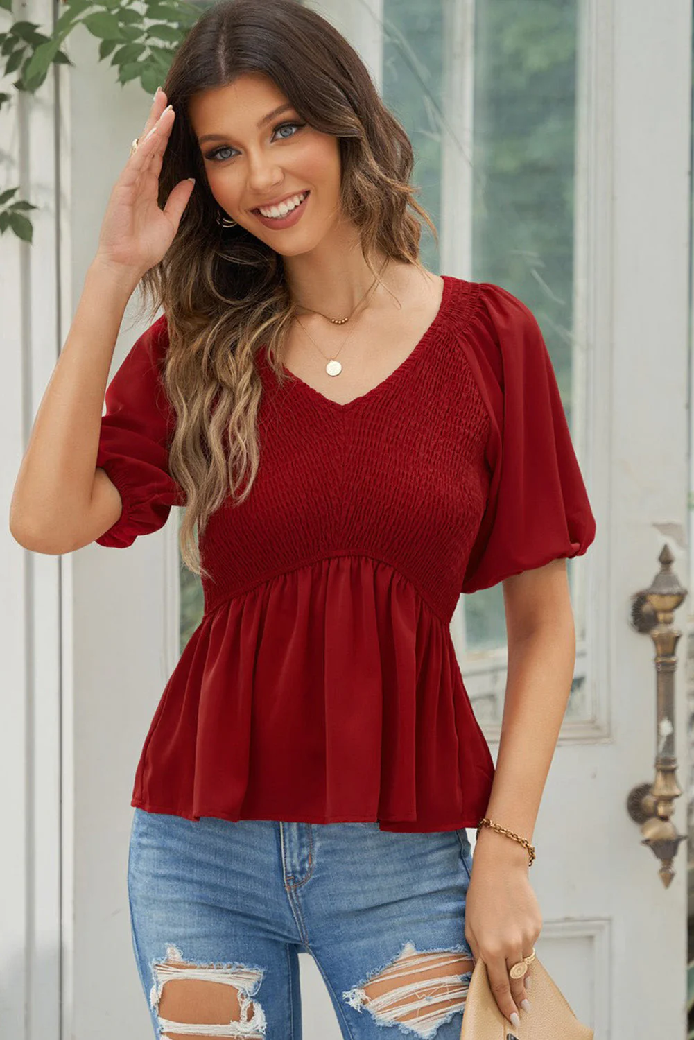 Smocked Balloon Sleeve Peplum Blouse - Image 4