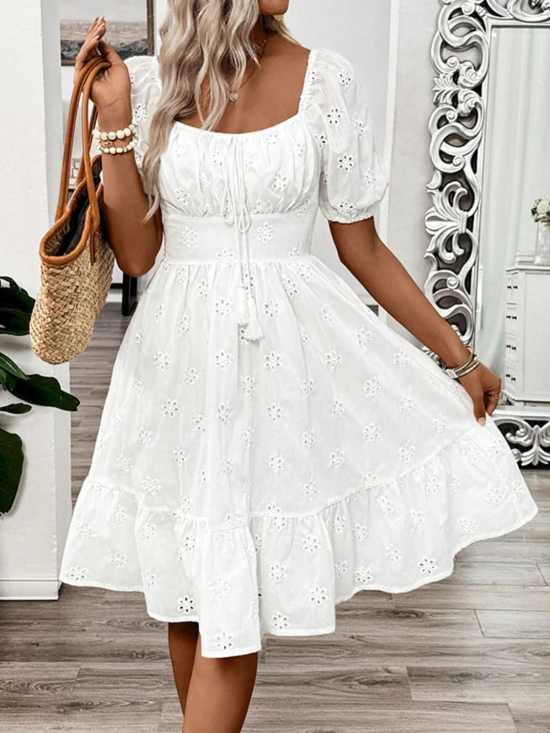 Smocked Eyelet Square Neck Puff Sleeve Mini Dress - Image 2