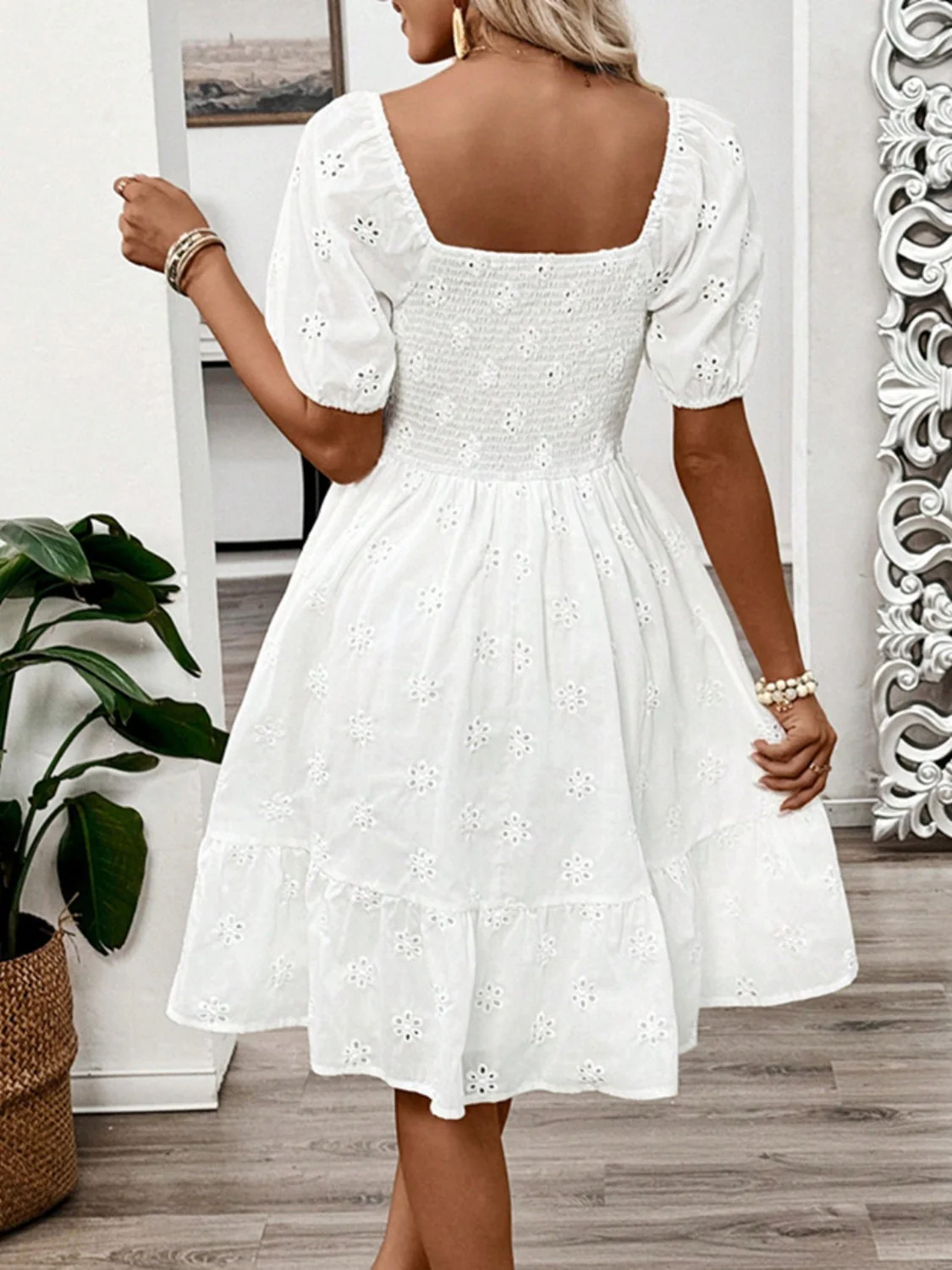 Smocked Eyelet Square Neck Puff Sleeve Mini Dress - Image 3