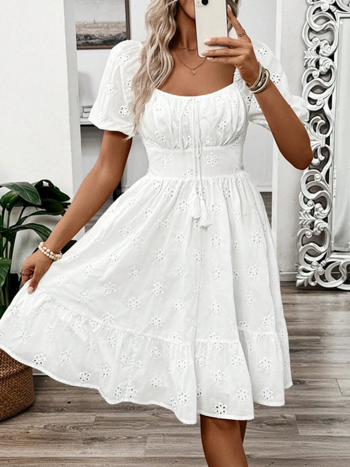 Smocked Eyelet Square Neck Puff Sleeve Mini Dress - Image 4
