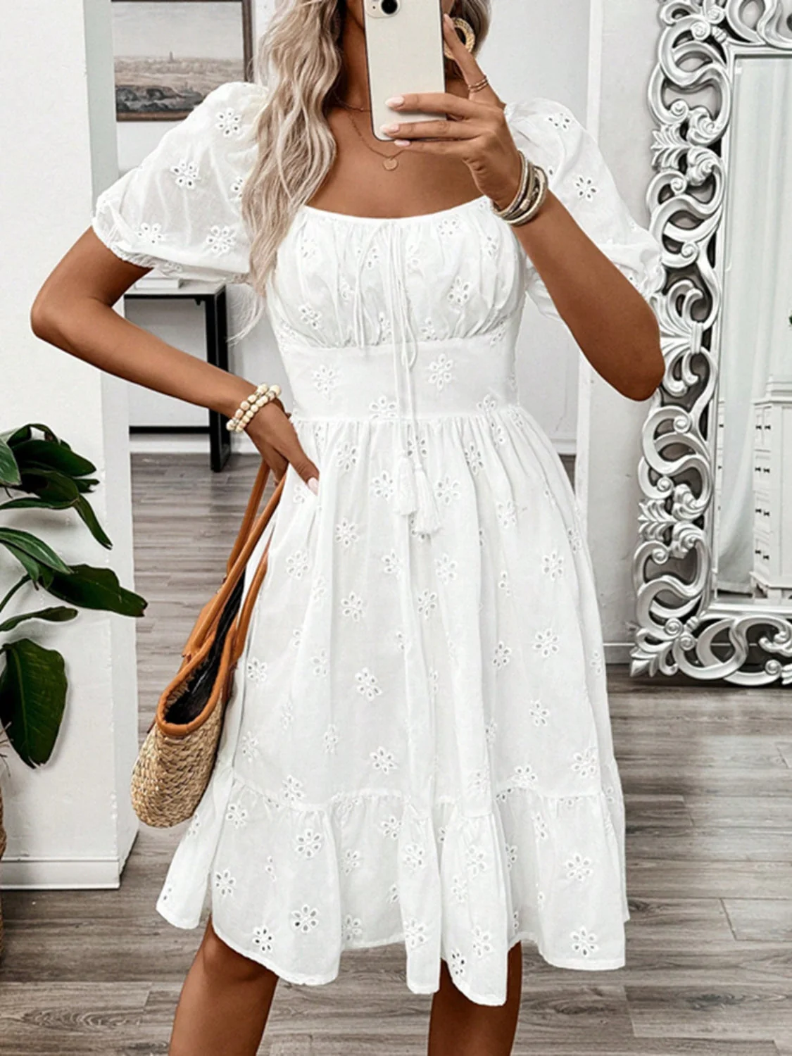 Smocked Eyelet Square Neck Puff Sleeve Mini Dress - Image 6