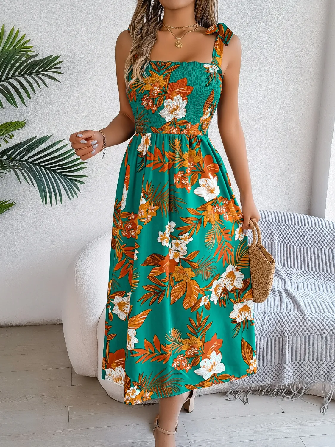 Smocked Floral Tie Shoulder Midi Dress - Image 12