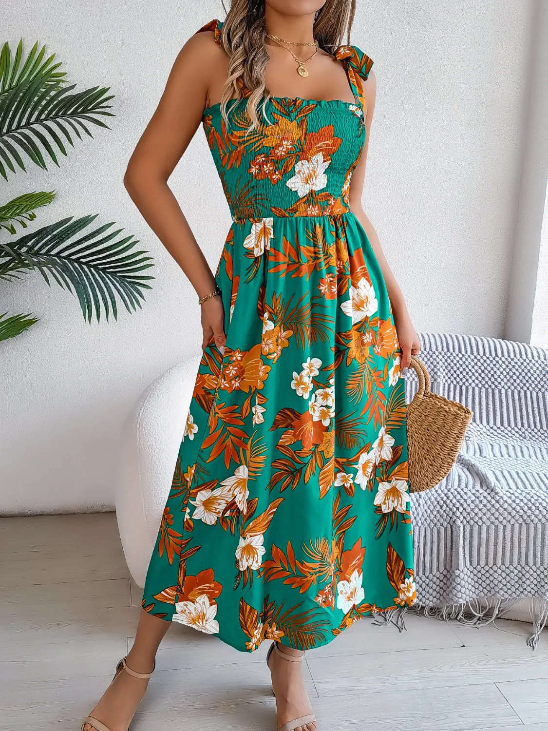 Smocked Floral Tie Shoulder Midi Dress - Image 13