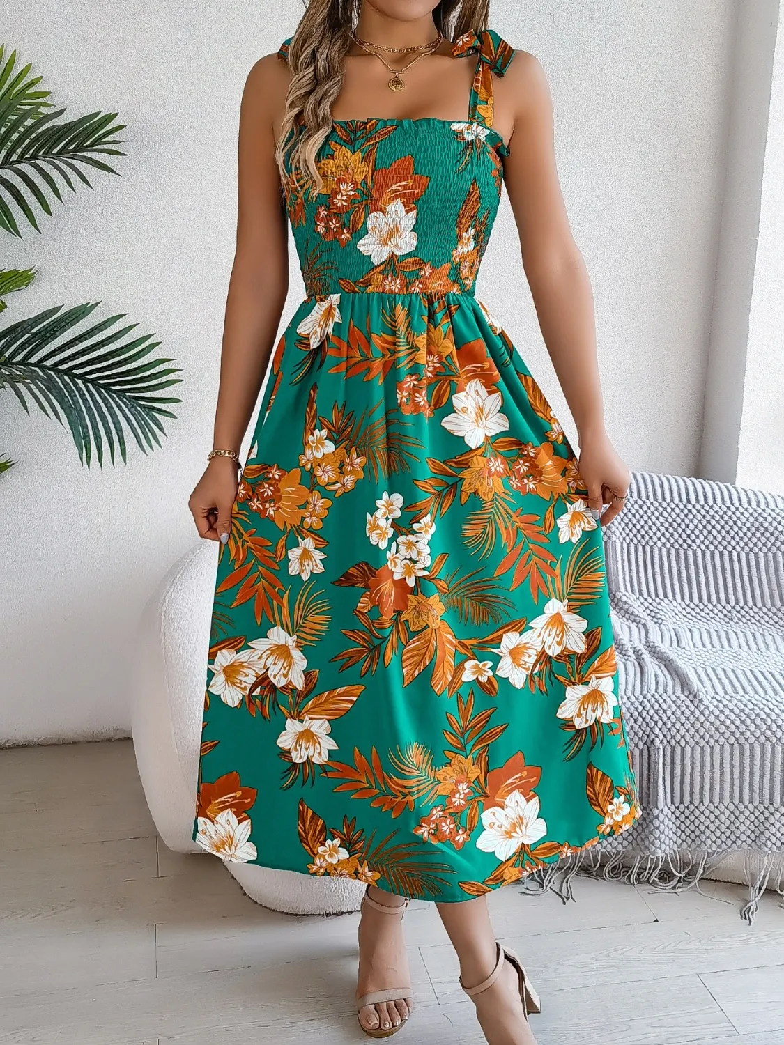 Smocked Floral Tie Shoulder Midi Dress - Image 14