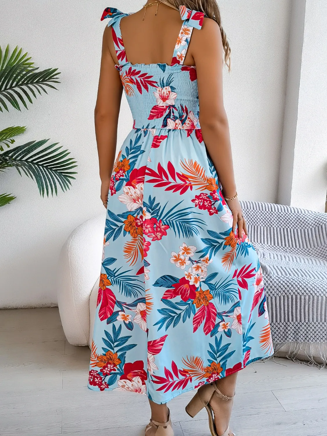 Smocked Floral Tie Shoulder Midi Dress - Image 2