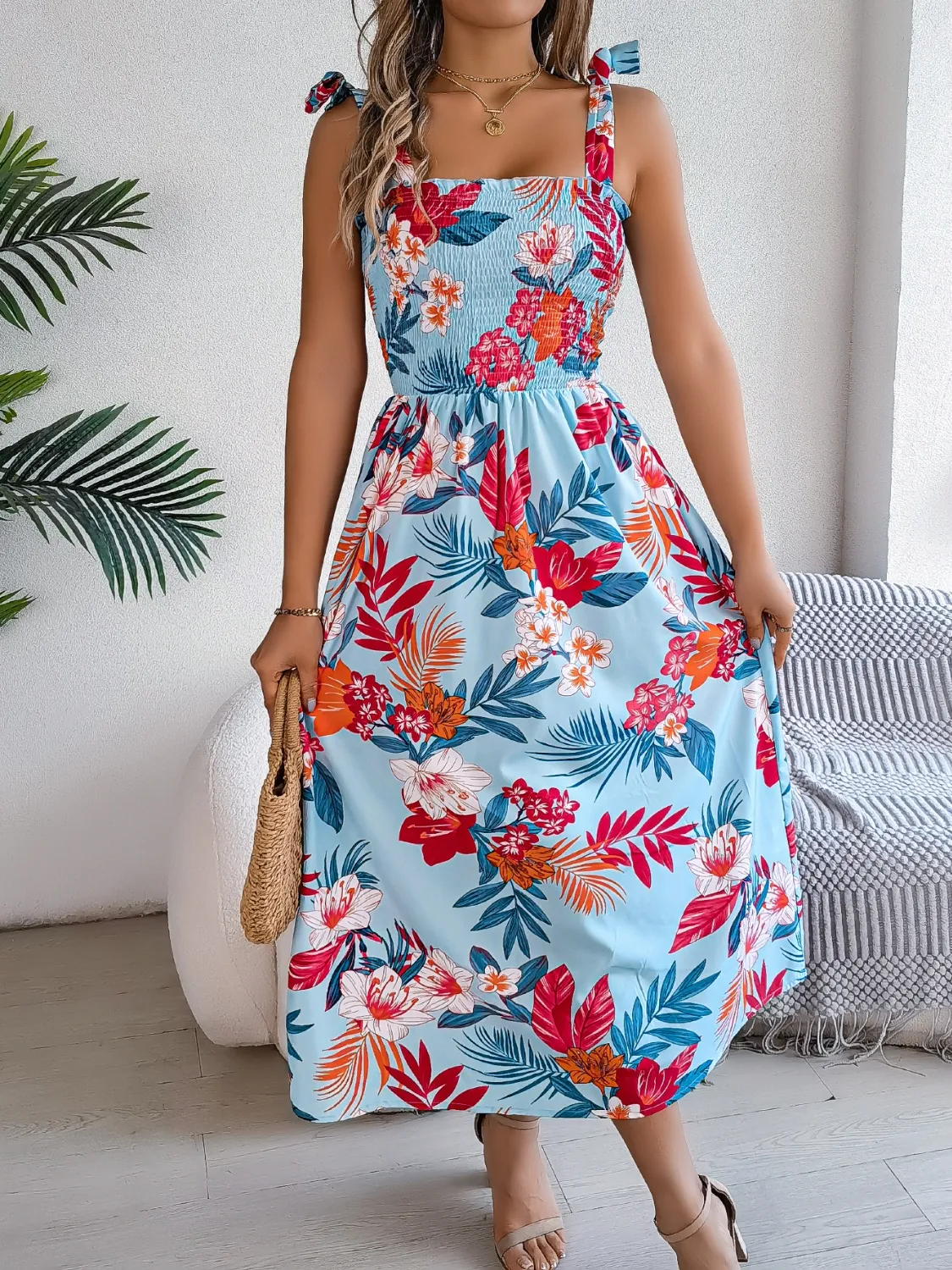 Smocked Floral Tie Shoulder Midi Dress - Image 3