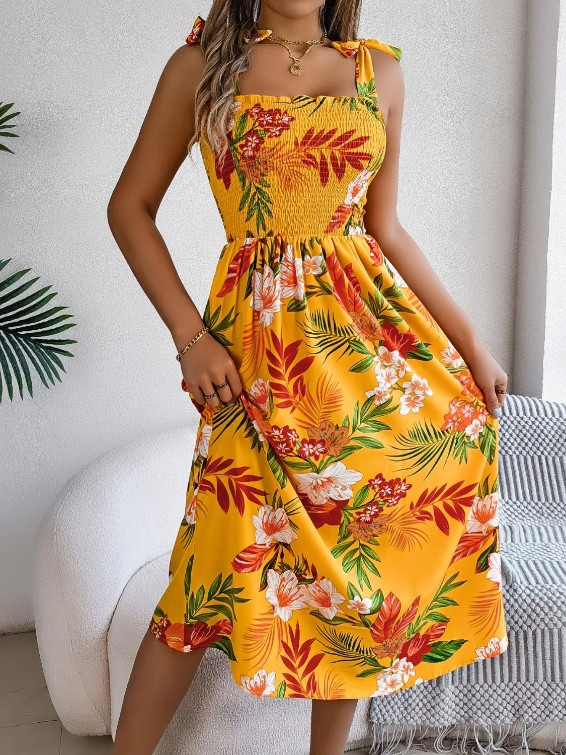Smocked Floral Tie Shoulder Midi Dress - Image 6