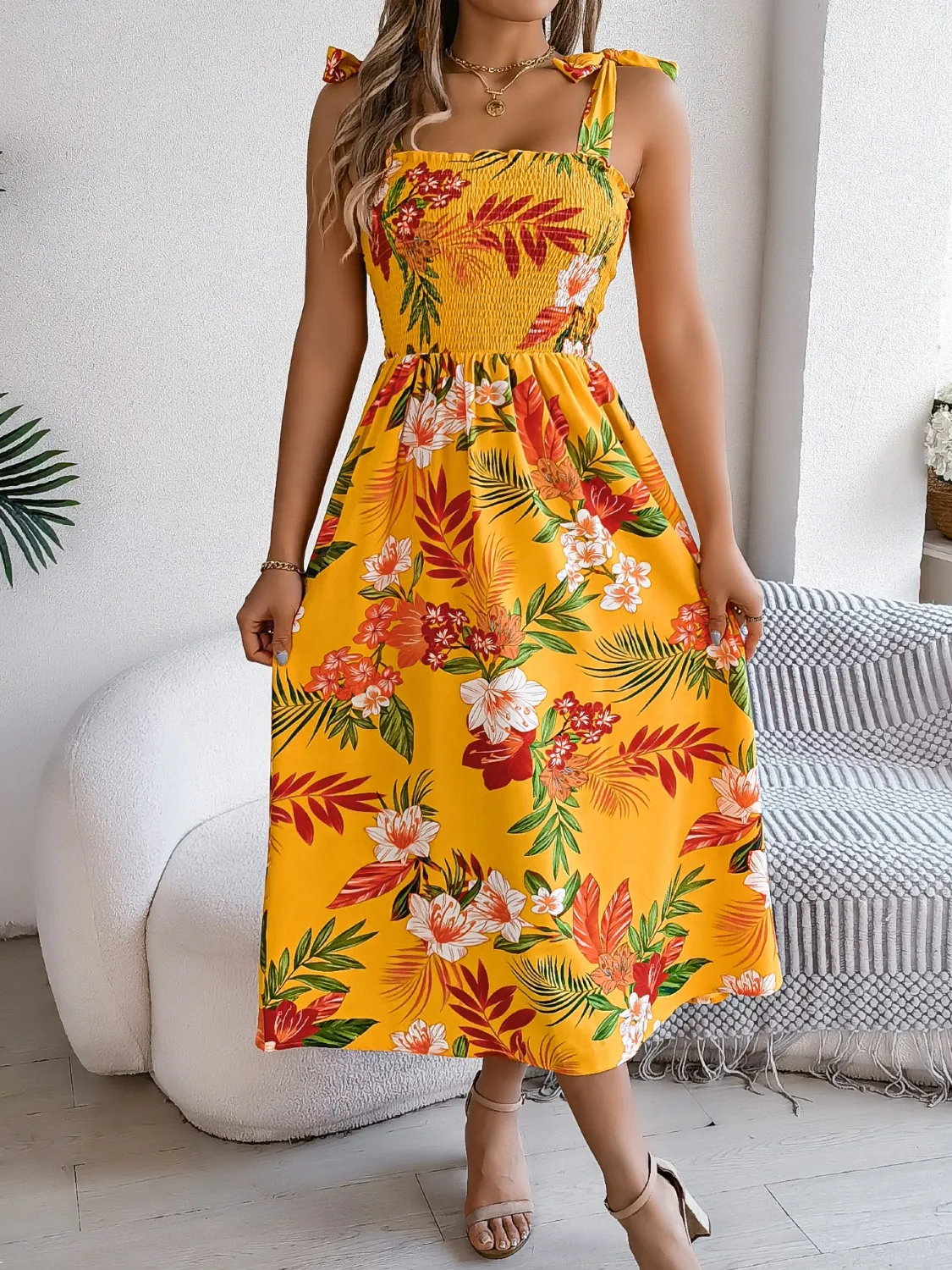 Smocked Floral Tie Shoulder Midi Dress - Image 7