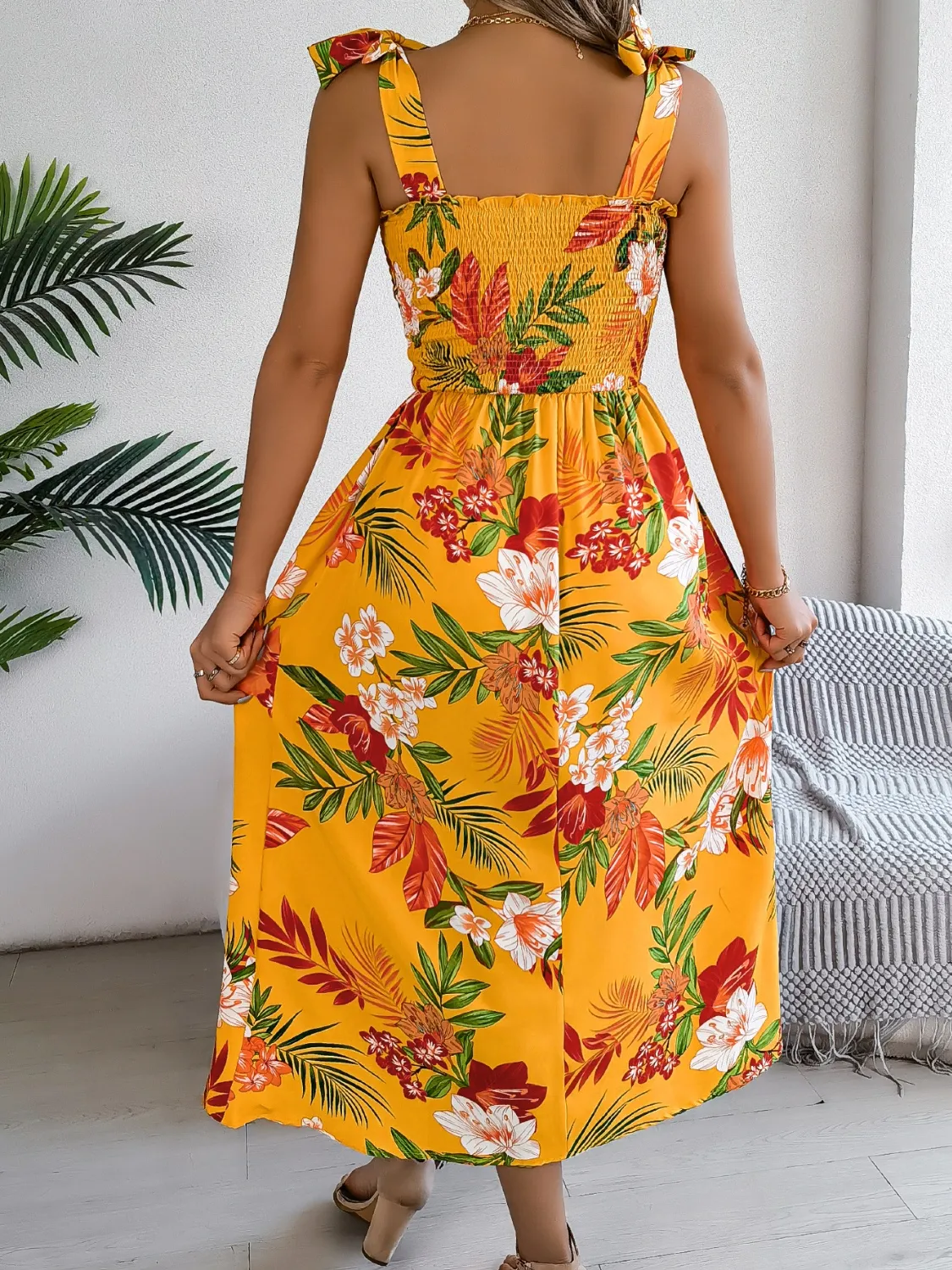 Smocked Floral Tie Shoulder Midi Dress - Image 8