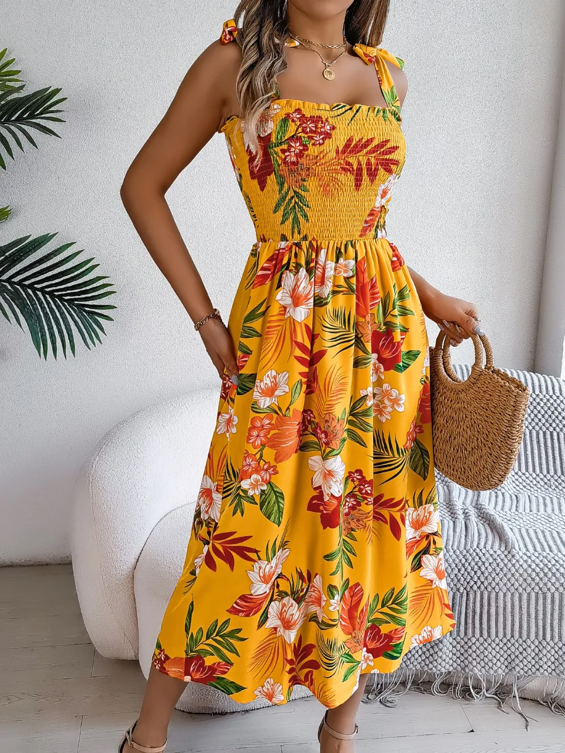 Smocked Floral Tie Shoulder Midi Dress - Image 9