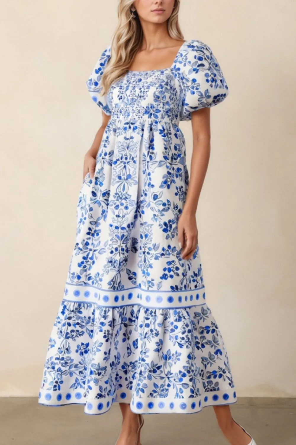 Smocked Printed Square Neck Puff Sleeve Dress - Image 2