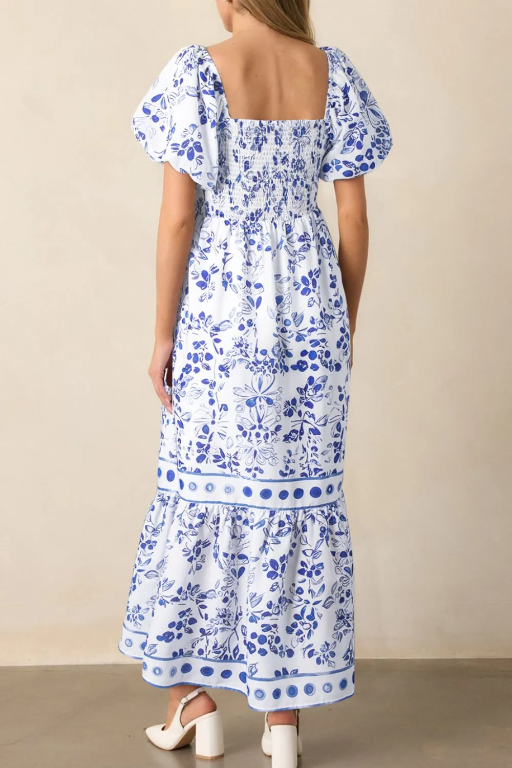 Smocked Printed Square Neck Puff Sleeve Dress - Image 3