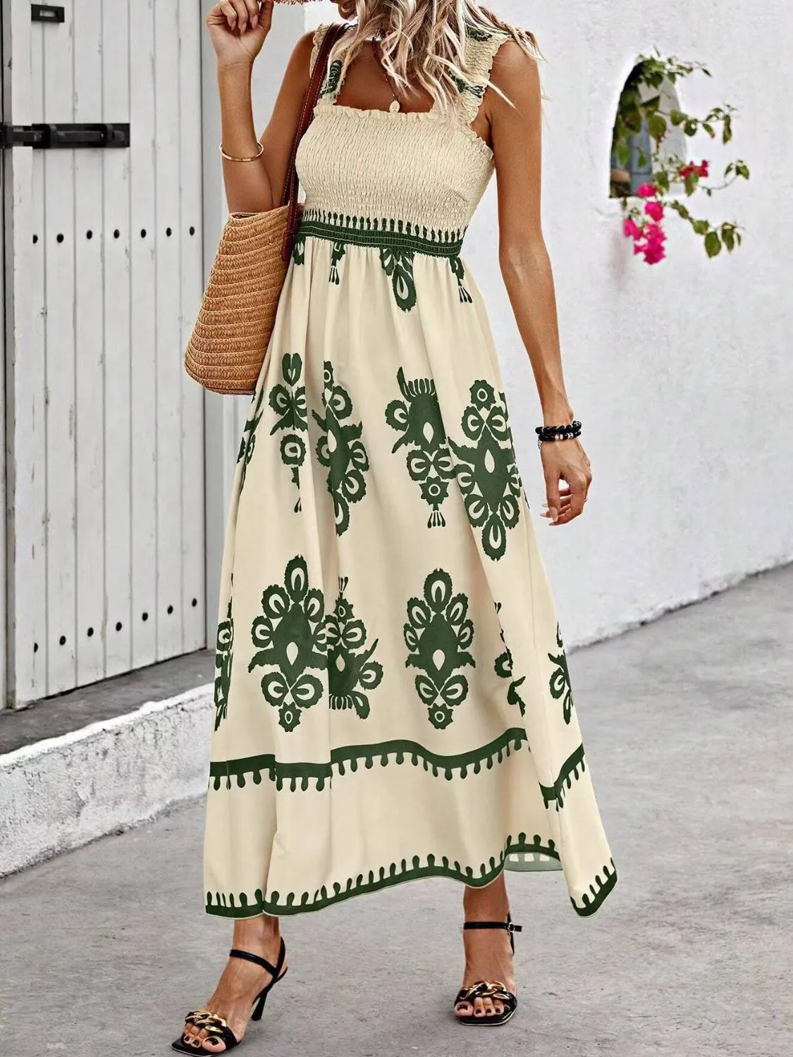 Smocked Printed Wide Strap Maxi Dress - Image 11