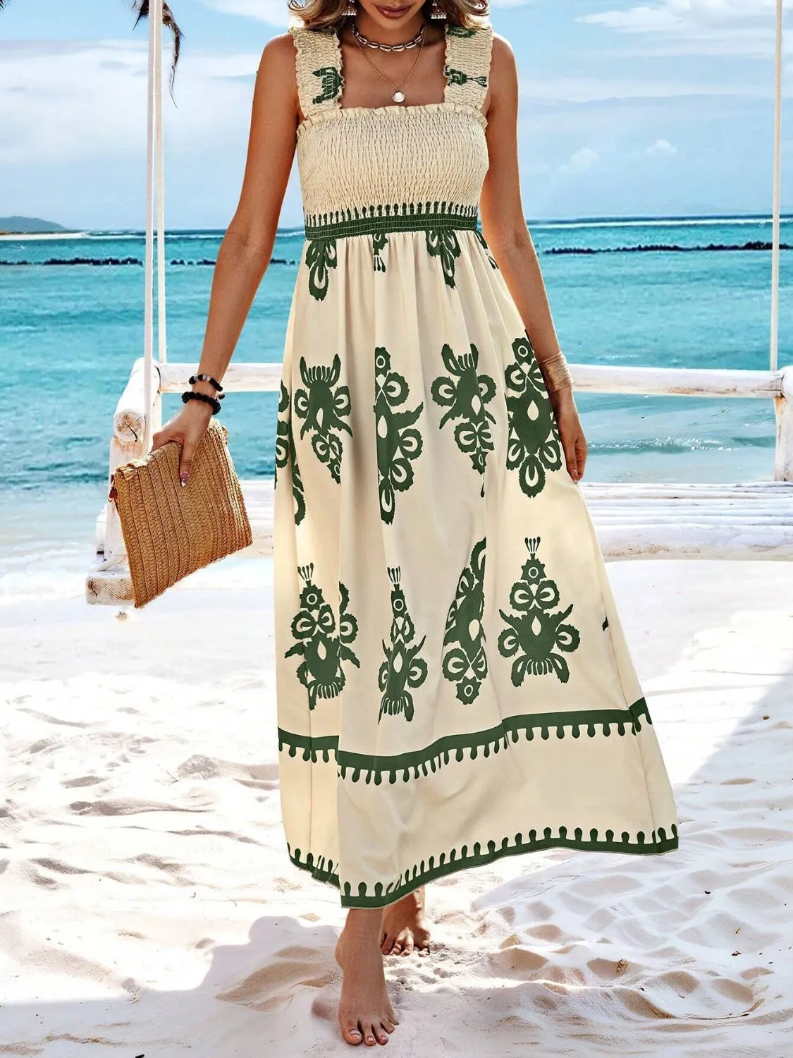 Smocked Printed Wide Strap Maxi Dress - Image 13
