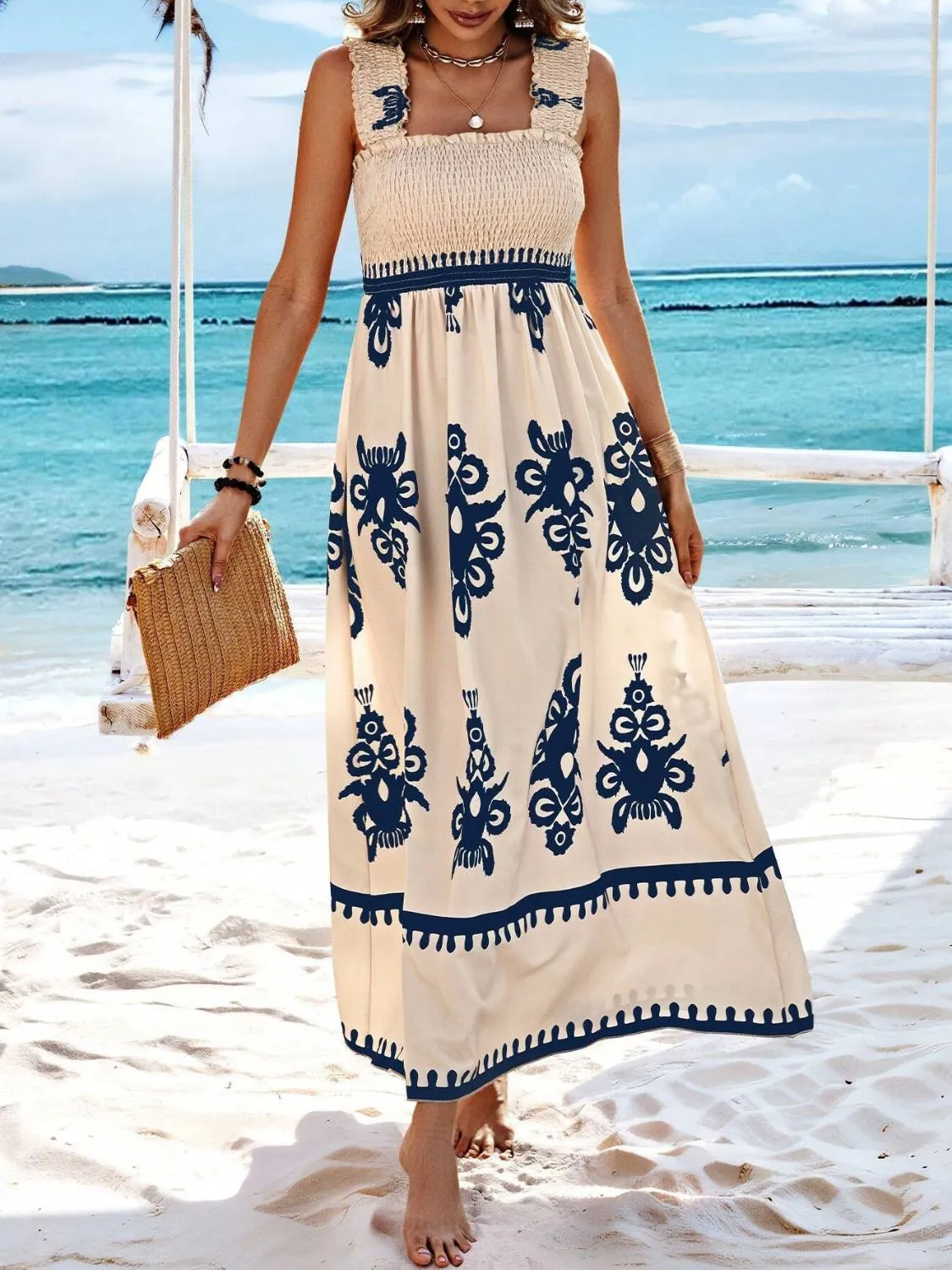 Smocked Printed Wide Strap Maxi Dress - Image 15