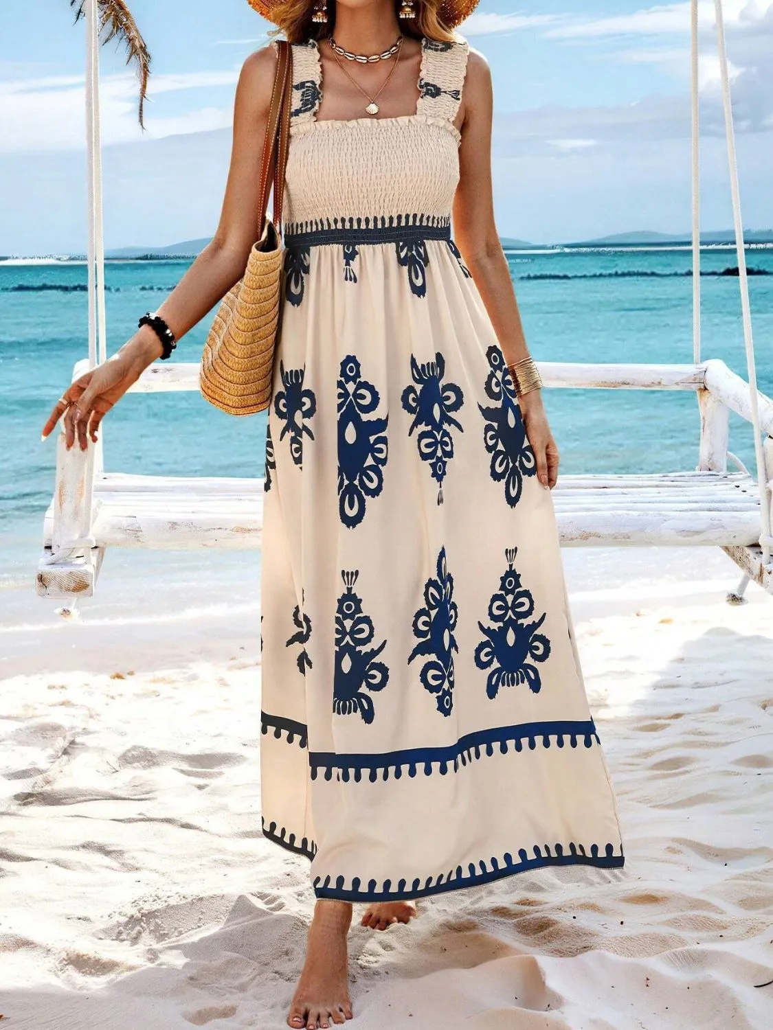 Smocked Printed Wide Strap Maxi Dress - Image 16