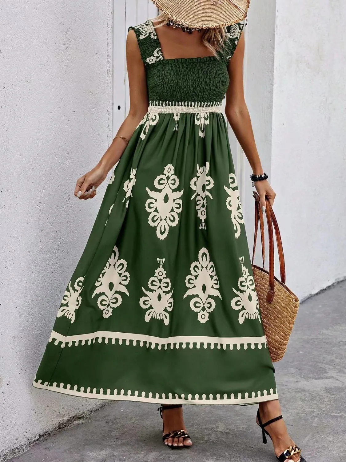 Smocked Printed Wide Strap Maxi Dress - Image 19