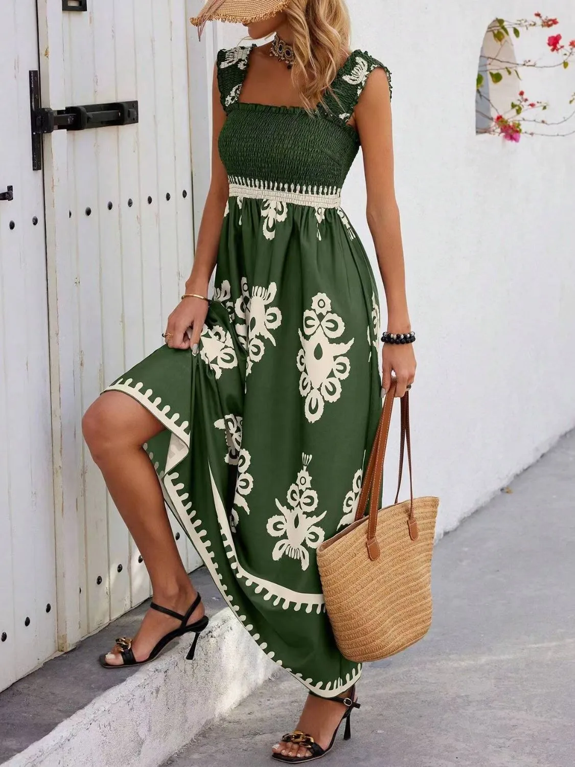 Smocked Printed Wide Strap Maxi Dress - Image 20