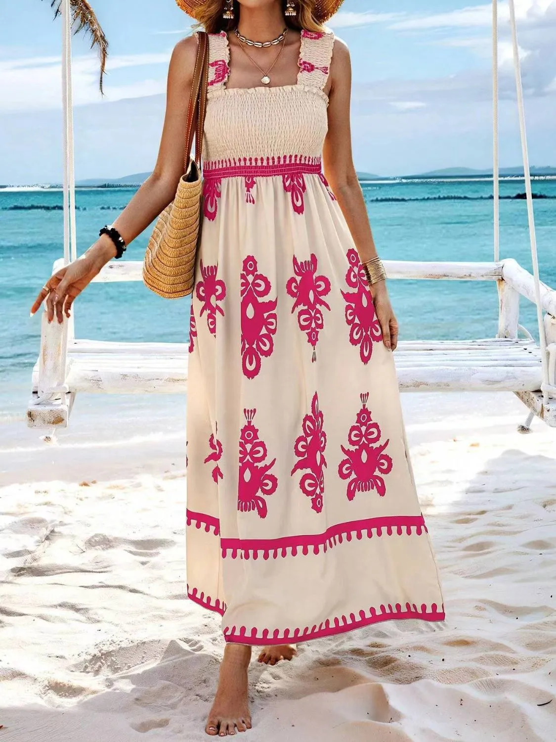 Smocked Printed Wide Strap Maxi Dress - Image 24
