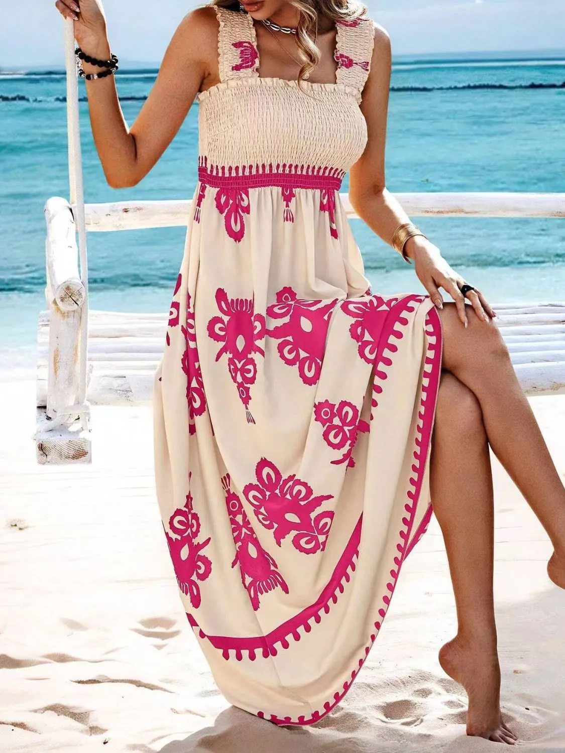 Smocked Printed Wide Strap Maxi Dress - Image 26