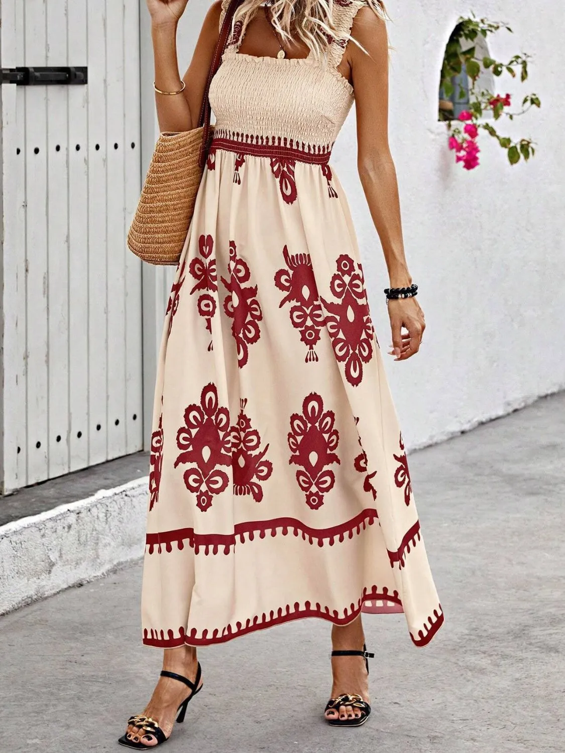 Smocked Printed Wide Strap Maxi Dress - Image 27