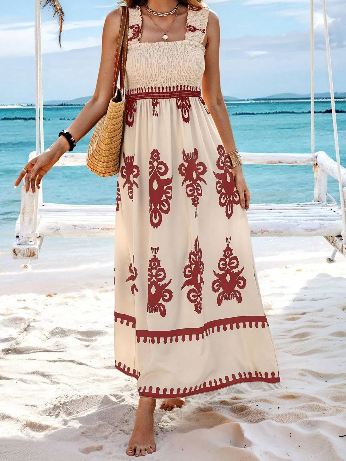 Smocked Printed Wide Strap Maxi Dress - Image 29