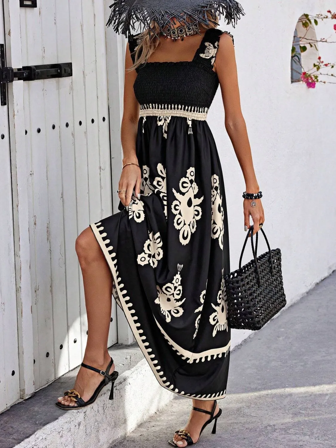 Smocked Printed Wide Strap Maxi Dress - Image 3