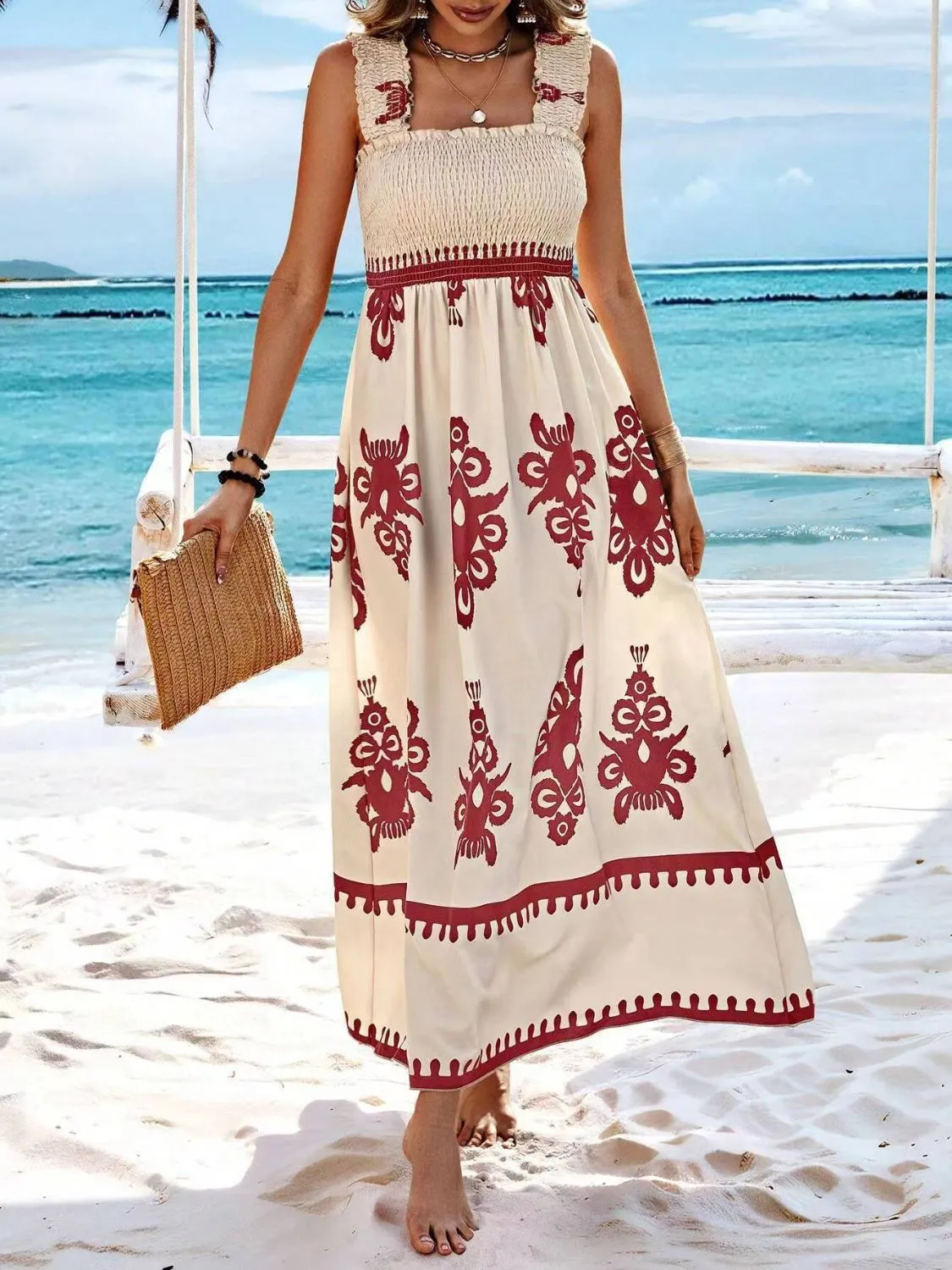Smocked Printed Wide Strap Maxi Dress - Image 30