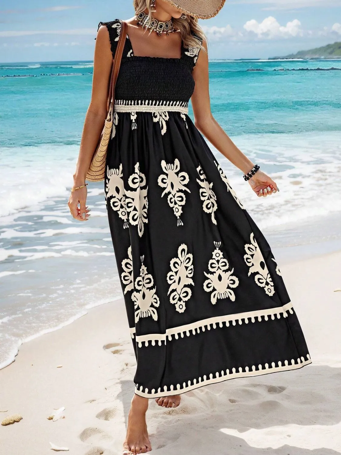 Smocked Printed Wide Strap Maxi Dress - Image 4