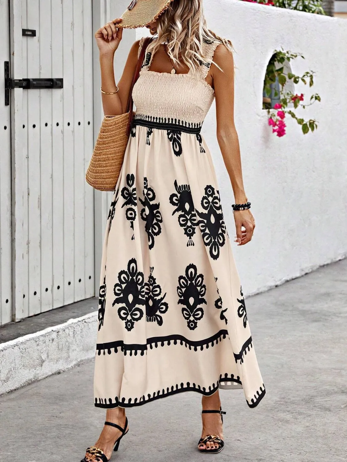 Smocked Printed Wide Strap Maxi Dress - Image 6