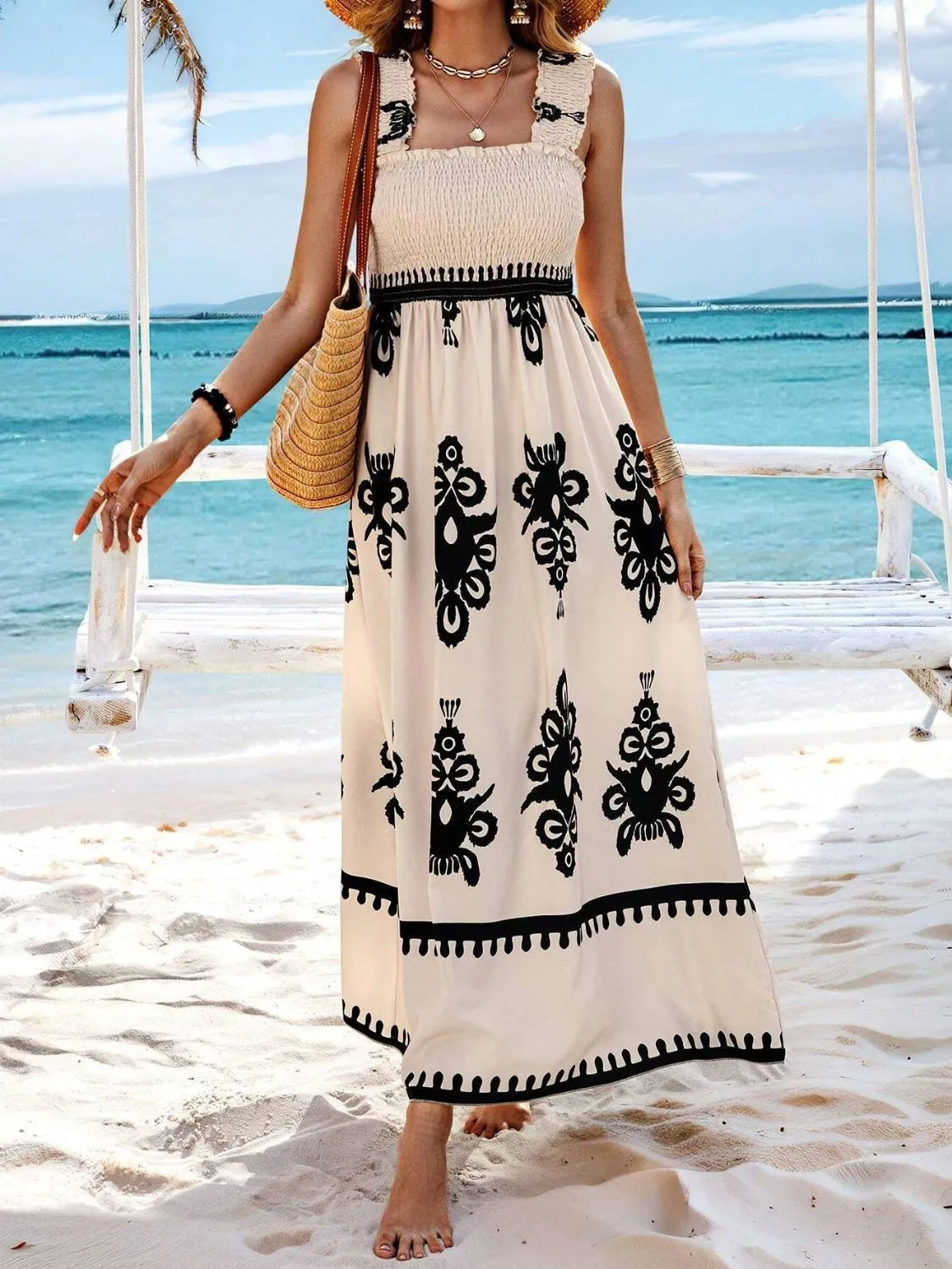 Smocked Printed Wide Strap Maxi Dress - Image 7