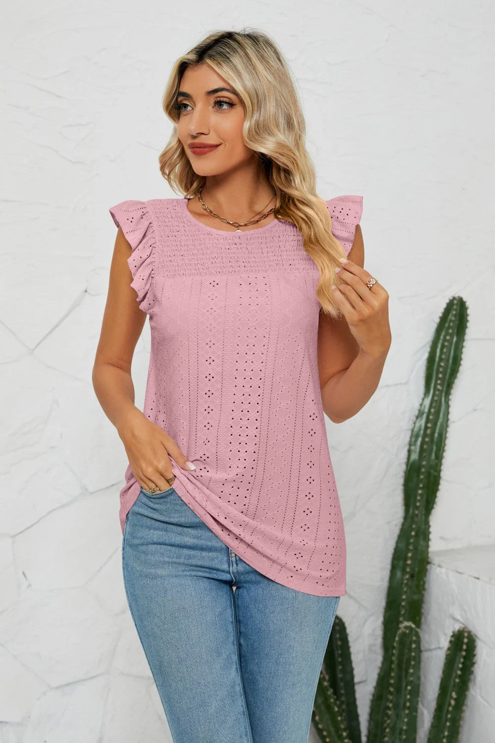 Smocked Round Neck Eyelet Top - Image 10