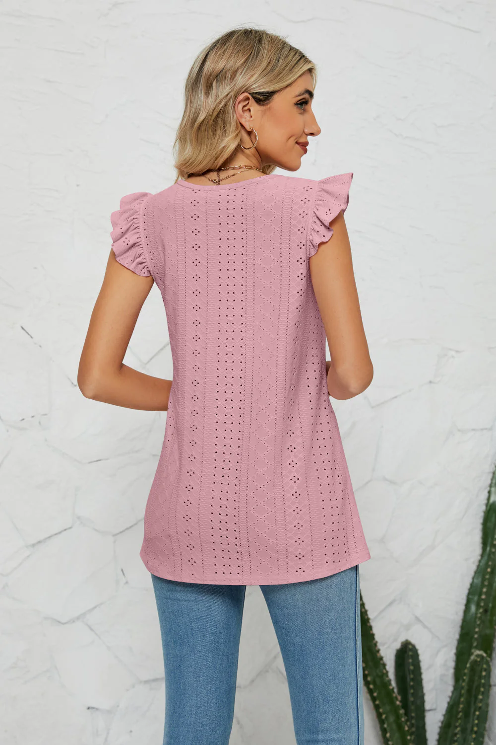 Smocked Round Neck Eyelet Top - Image 12