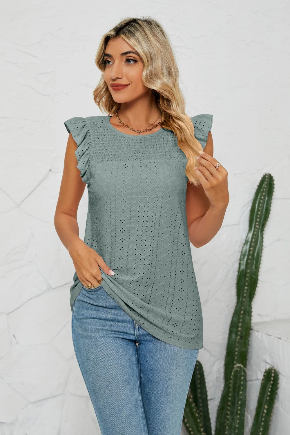 Smocked Round Neck Eyelet Top - Image 13
