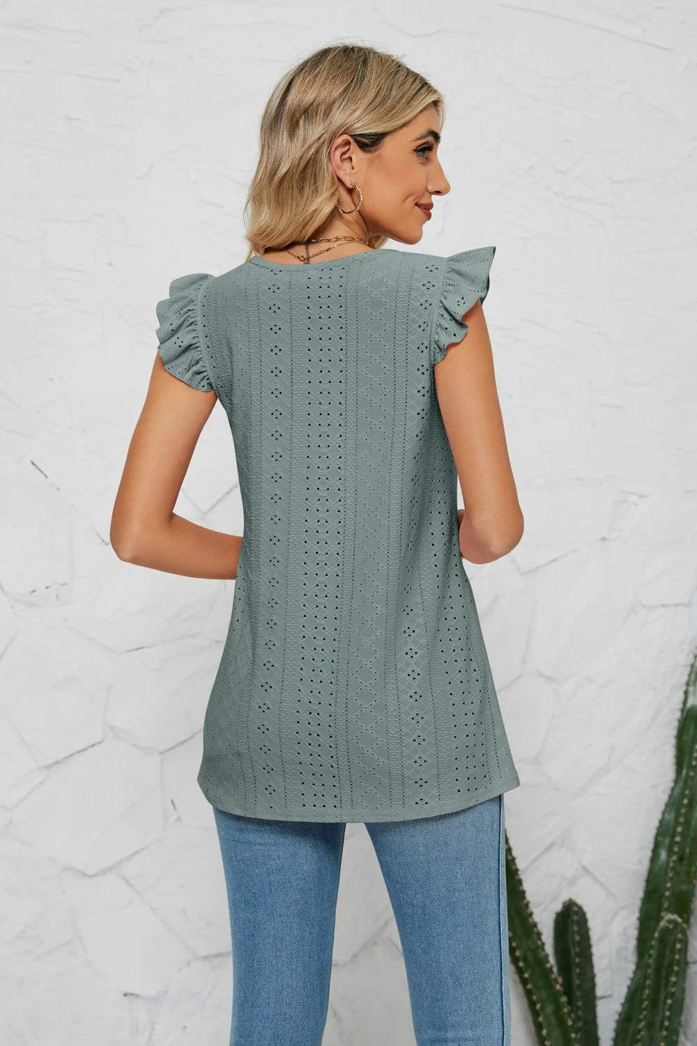 Smocked Round Neck Eyelet Top - Image 15
