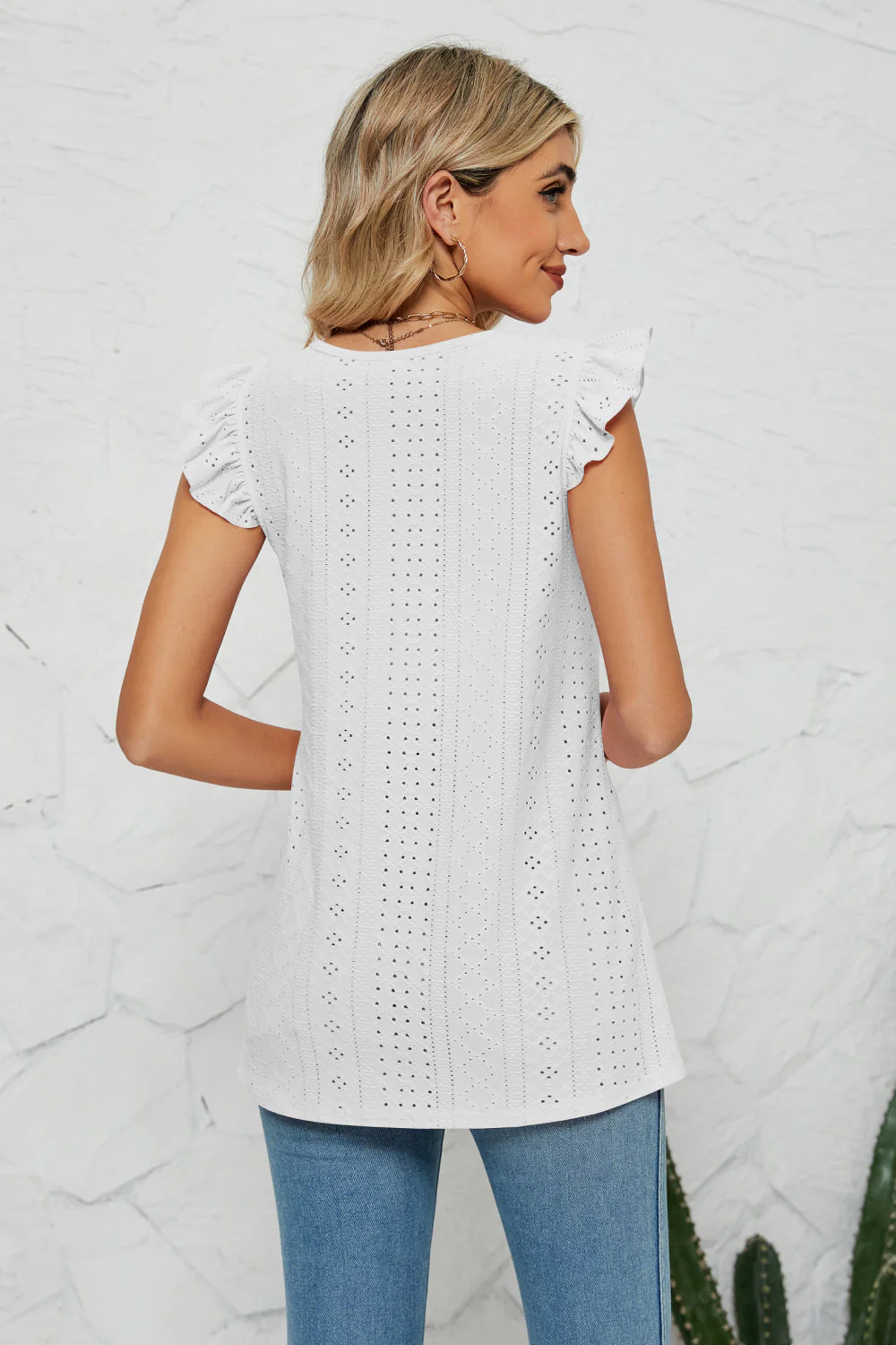 Smocked Round Neck Eyelet Top - Image 2