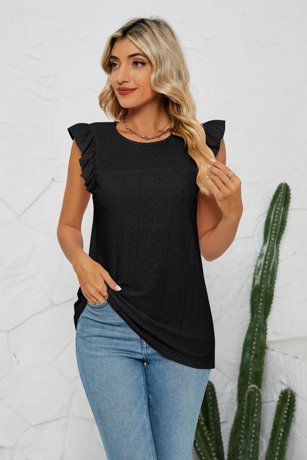 Smocked Round Neck Eyelet Top - Image 4