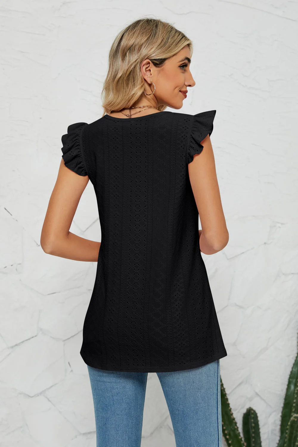 Smocked Round Neck Eyelet Top - Image 5
