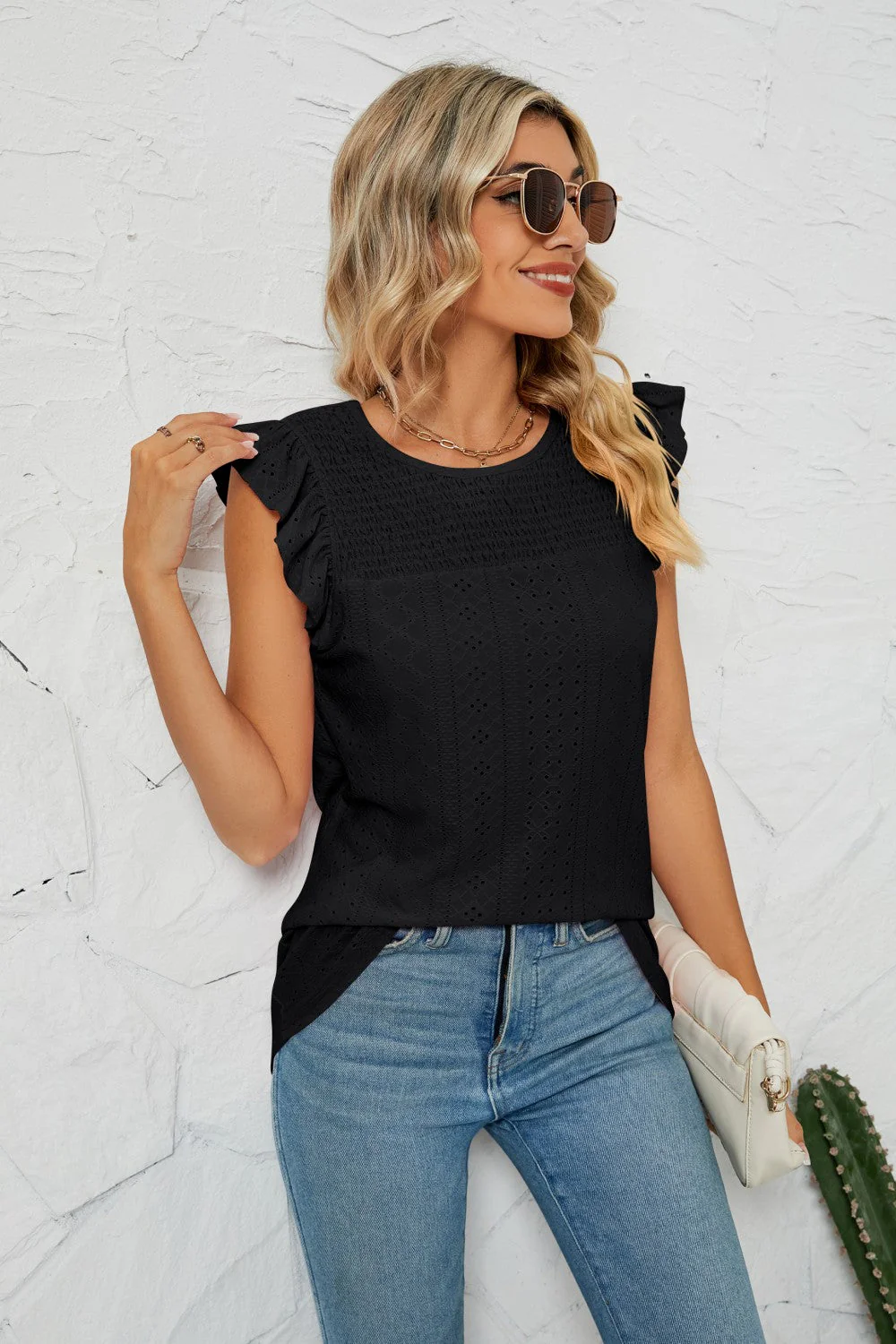 Smocked Round Neck Eyelet Top - Image 6