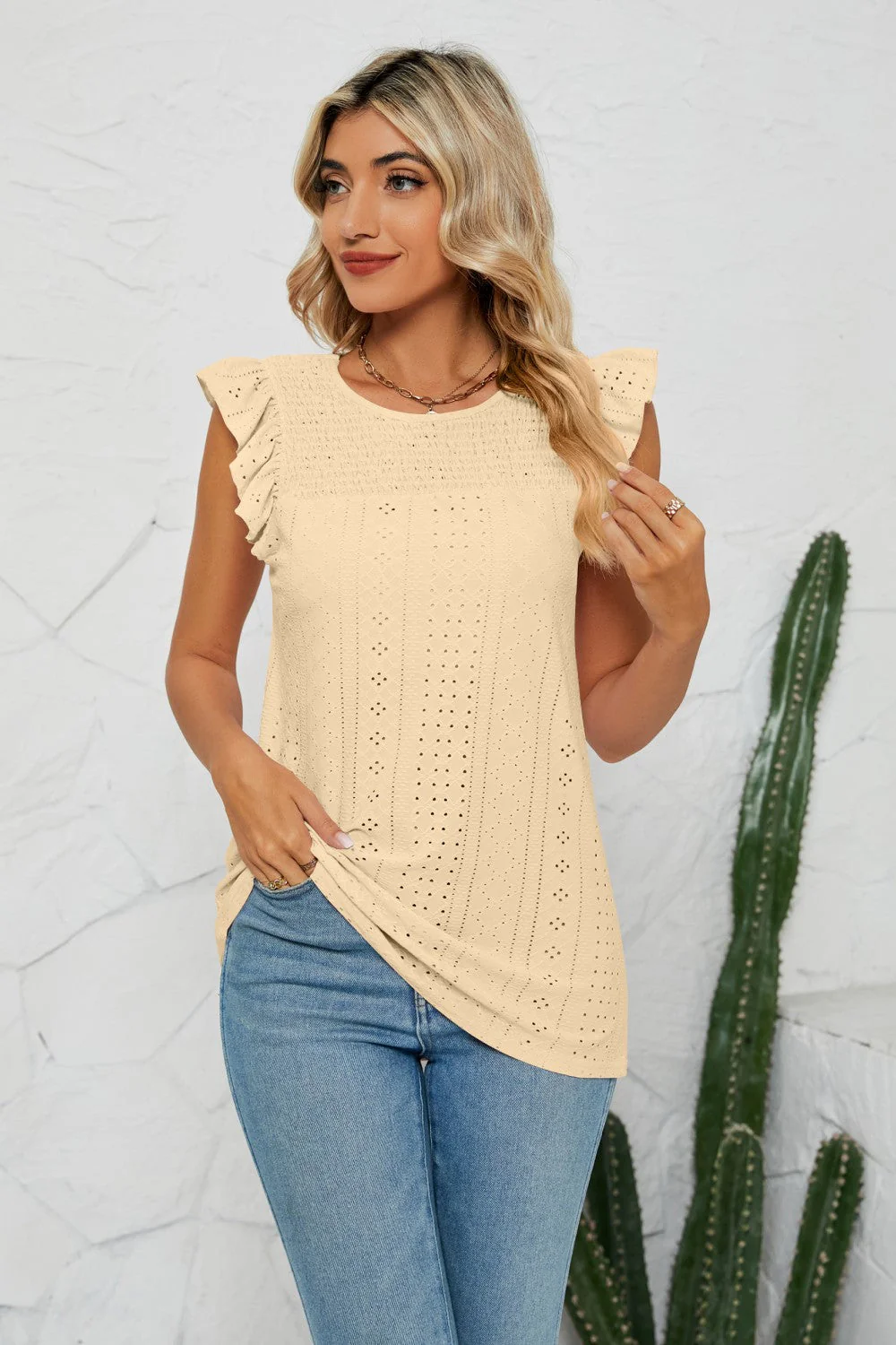 Smocked Round Neck Eyelet Top - Image 7