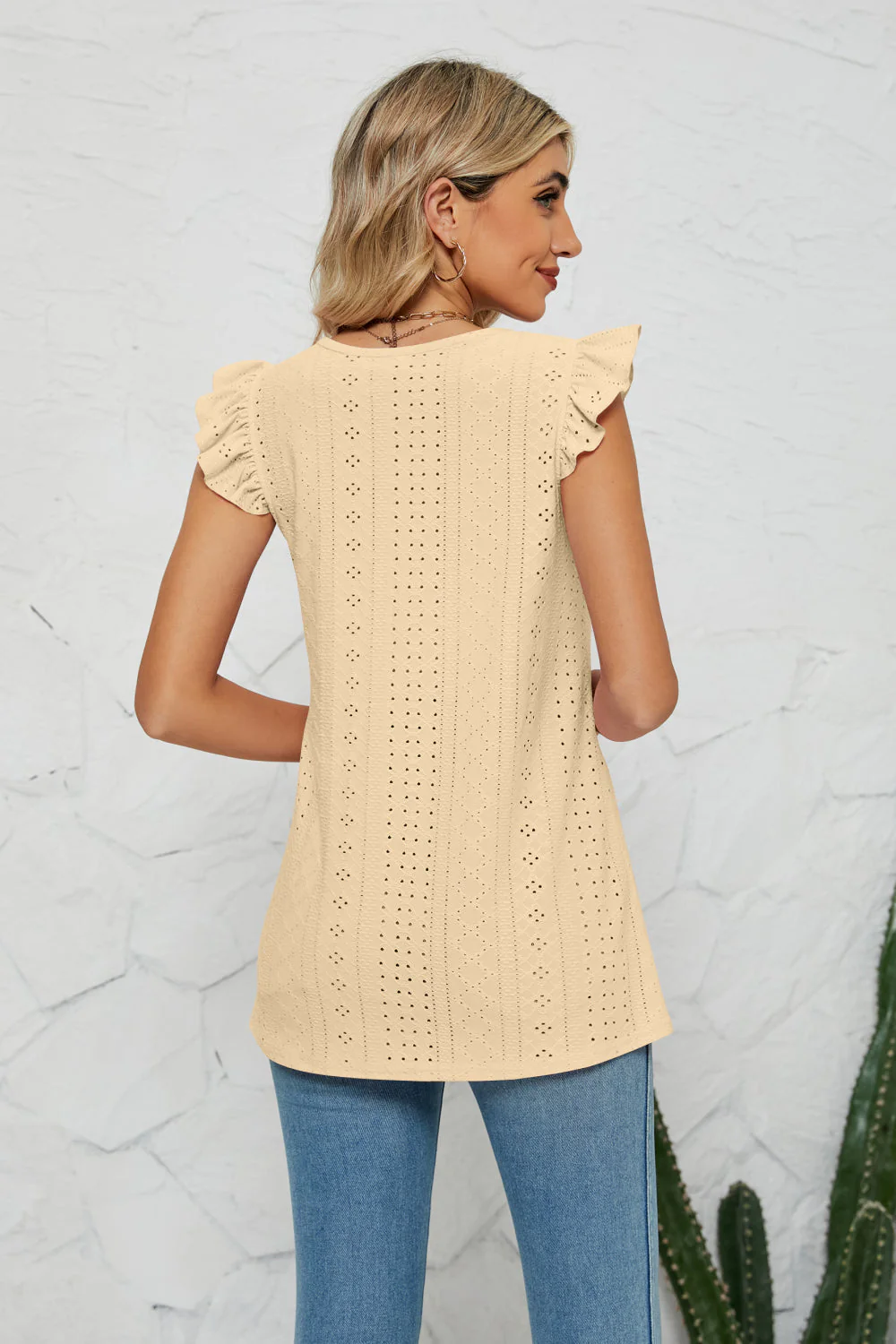 Smocked Round Neck Eyelet Top - Image 9