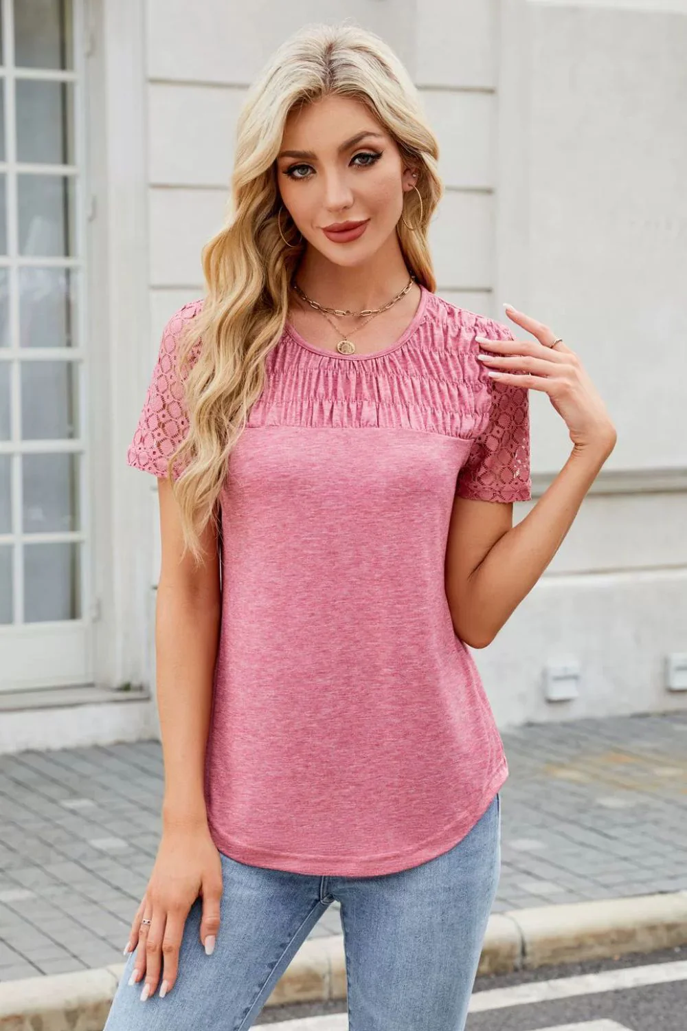 Smocked Round Neck Short Sleeve T-Shirt - Image 2