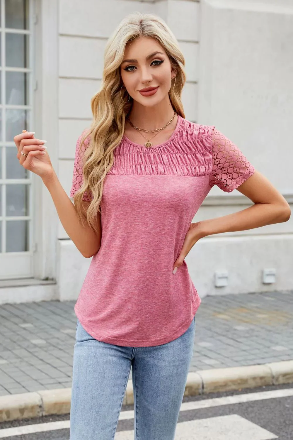 Smocked Round Neck Short Sleeve T-Shirt - Image 3