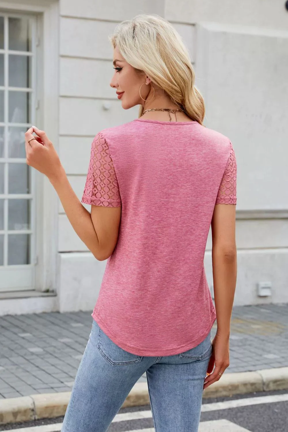 Smocked Round Neck Short Sleeve T-Shirt - Image 5
