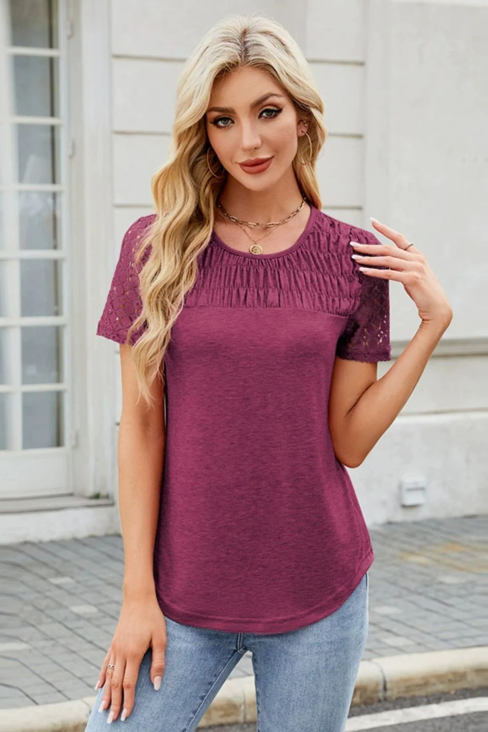 Smocked Round Neck Short Sleeve T-Shirt - Image 7