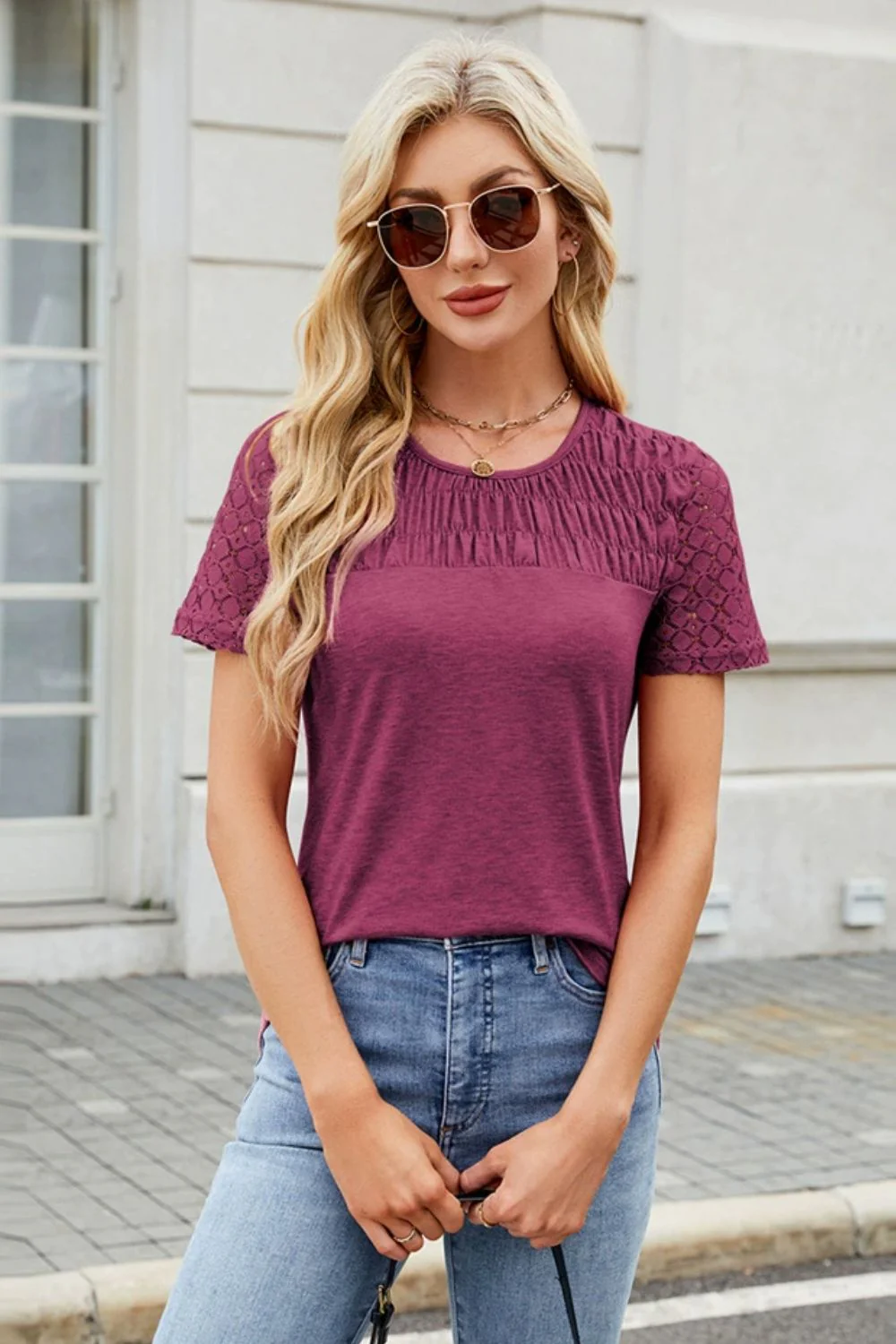 Smocked Round Neck Short Sleeve T-Shirt - Image 9