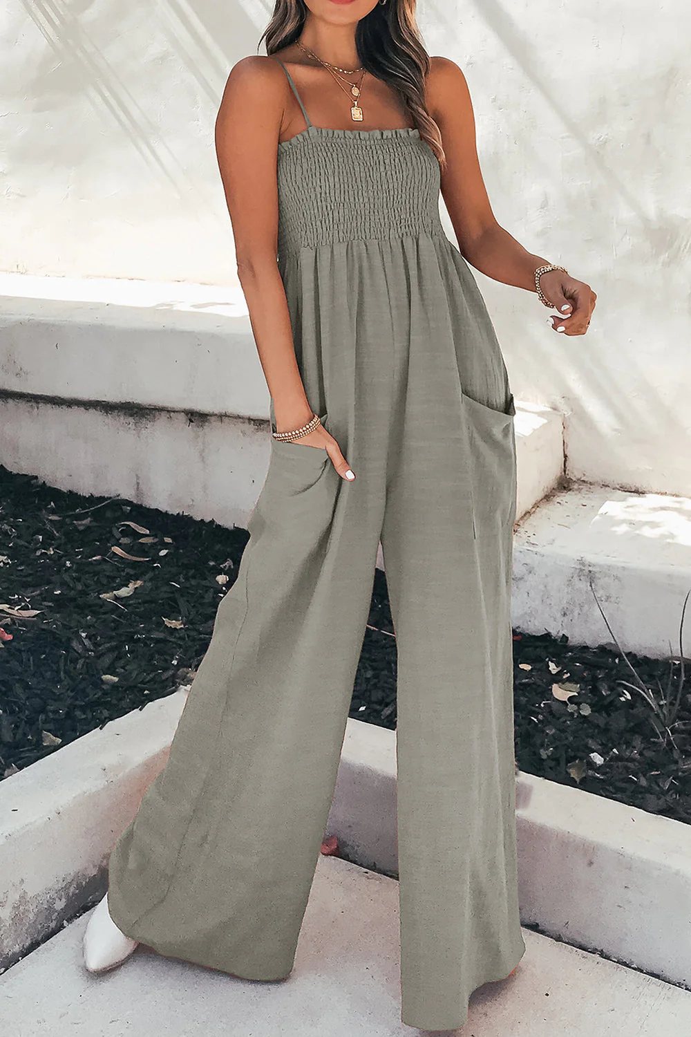 Smocked Spaghetti Strap Wide Leg Jumpsuit - Image 10